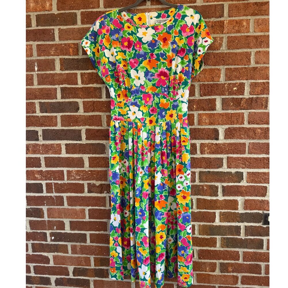 Vintage Jessica Howard Floral Midi Dress Size 12 Made in USA Pockets Pleated